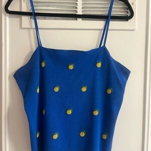 Blue Tank Top with Lemon Beaded Embroidery Sweater Blouse Shirt Cropped